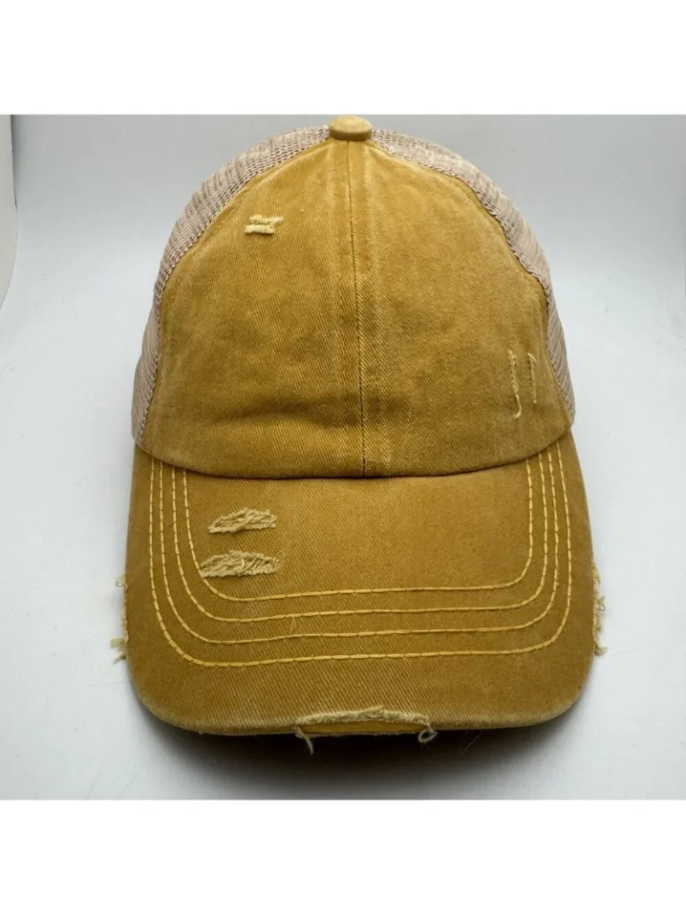 C.C Distressed Criss Cross Ponytail Hat Women's Trucker Baseball Cap Mustard Tan